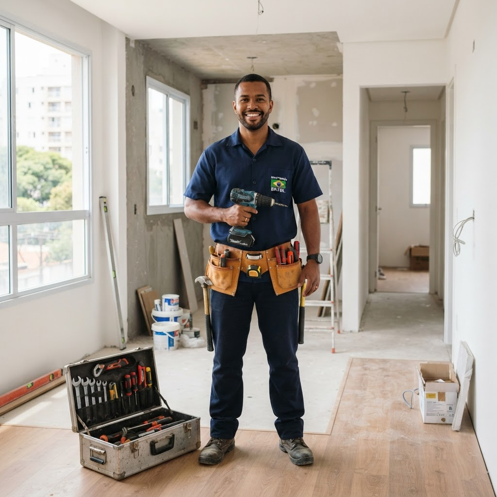 Profissional da JI Reformas com uniforme e ferramentas em um ambiente residencial em manutenção.